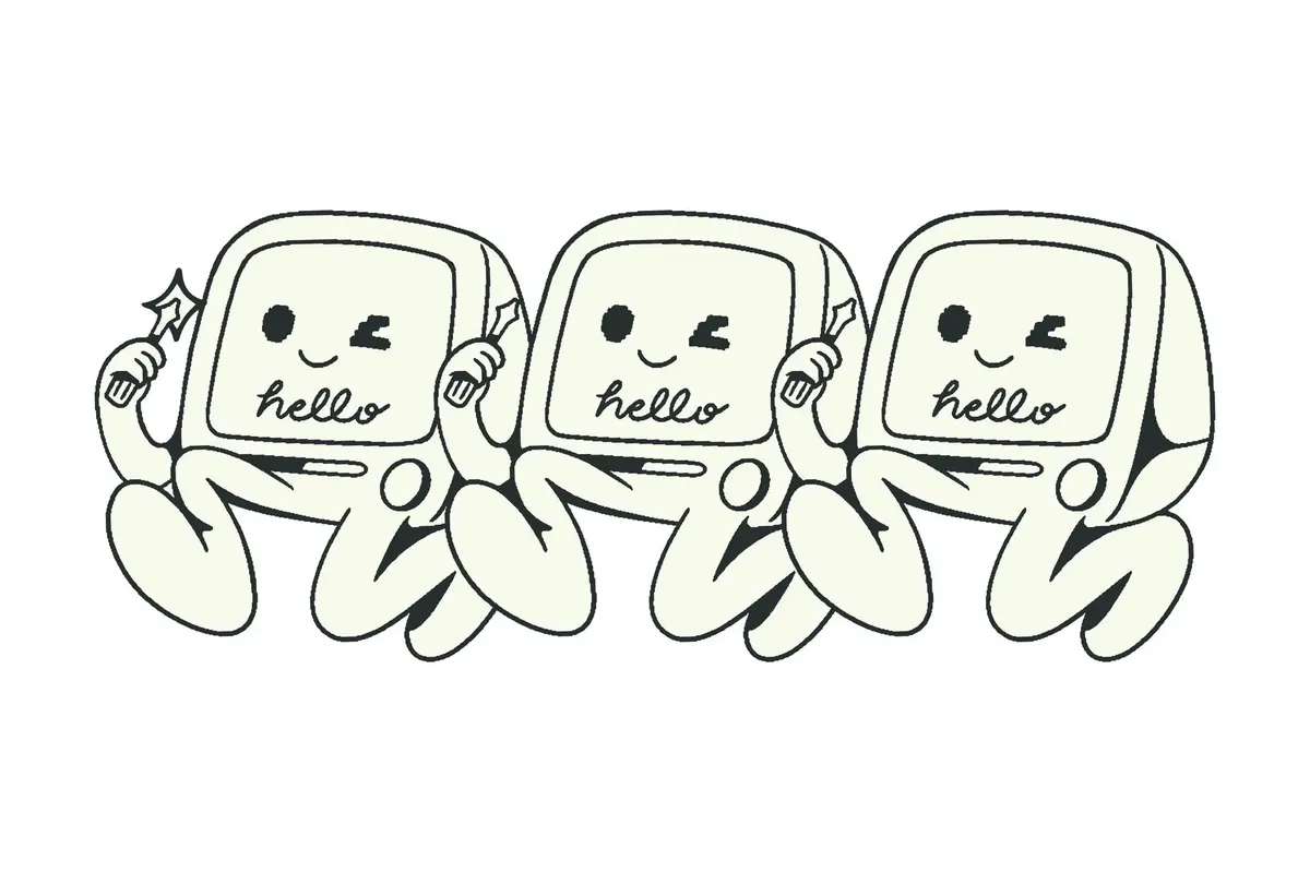 Ilustración de tres computadoras sonrientes que dicen hello