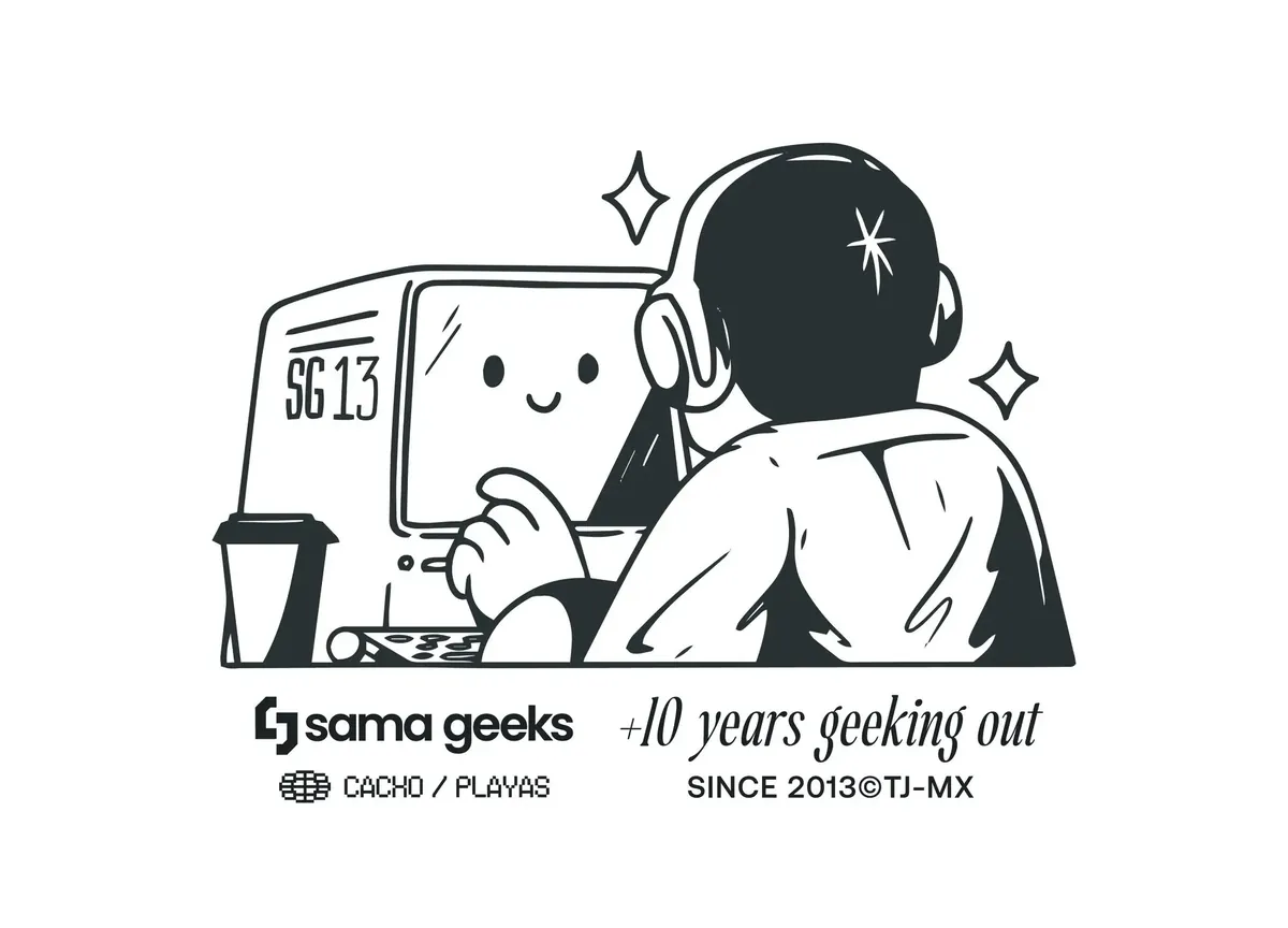 Illustration of a geek at a computer: Sama Geeks, 10 years geeking out